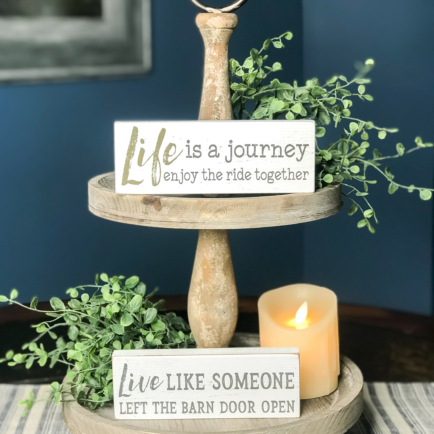 Decorated 2-tiered tray with life is a journey and live like someone left the barn door open blocks