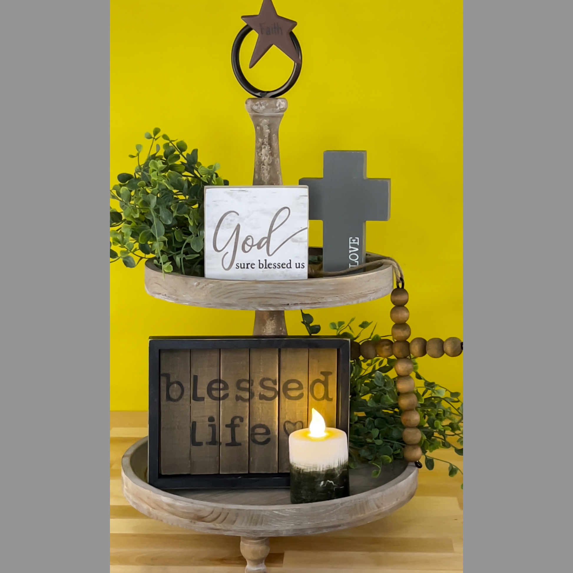 Decorated 2-tiered tray with God Sure Blessed Us and Blessed life products